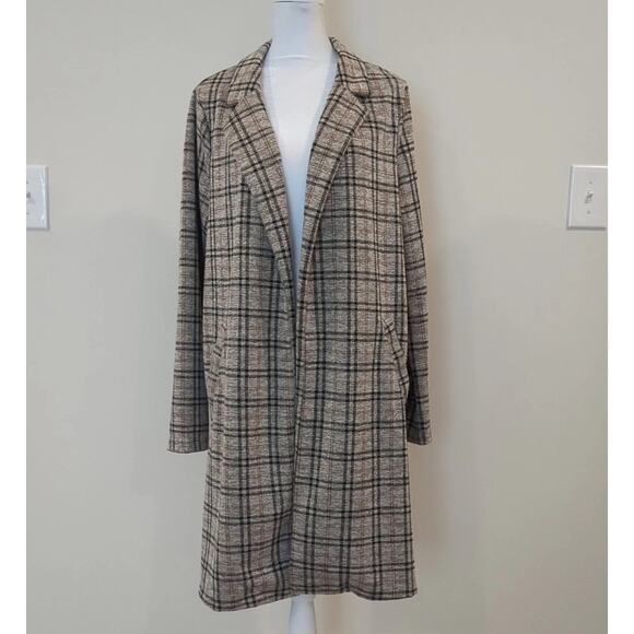 Melloday Women's L Long Plaid Jacket Blazer Trench City Preppy - Picture 1 of 12
